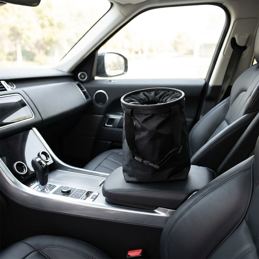 Cubo de basura para coche en la consola central